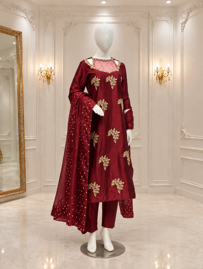 Burgundy Maroon Embroidered Formal 3-Piece Suit