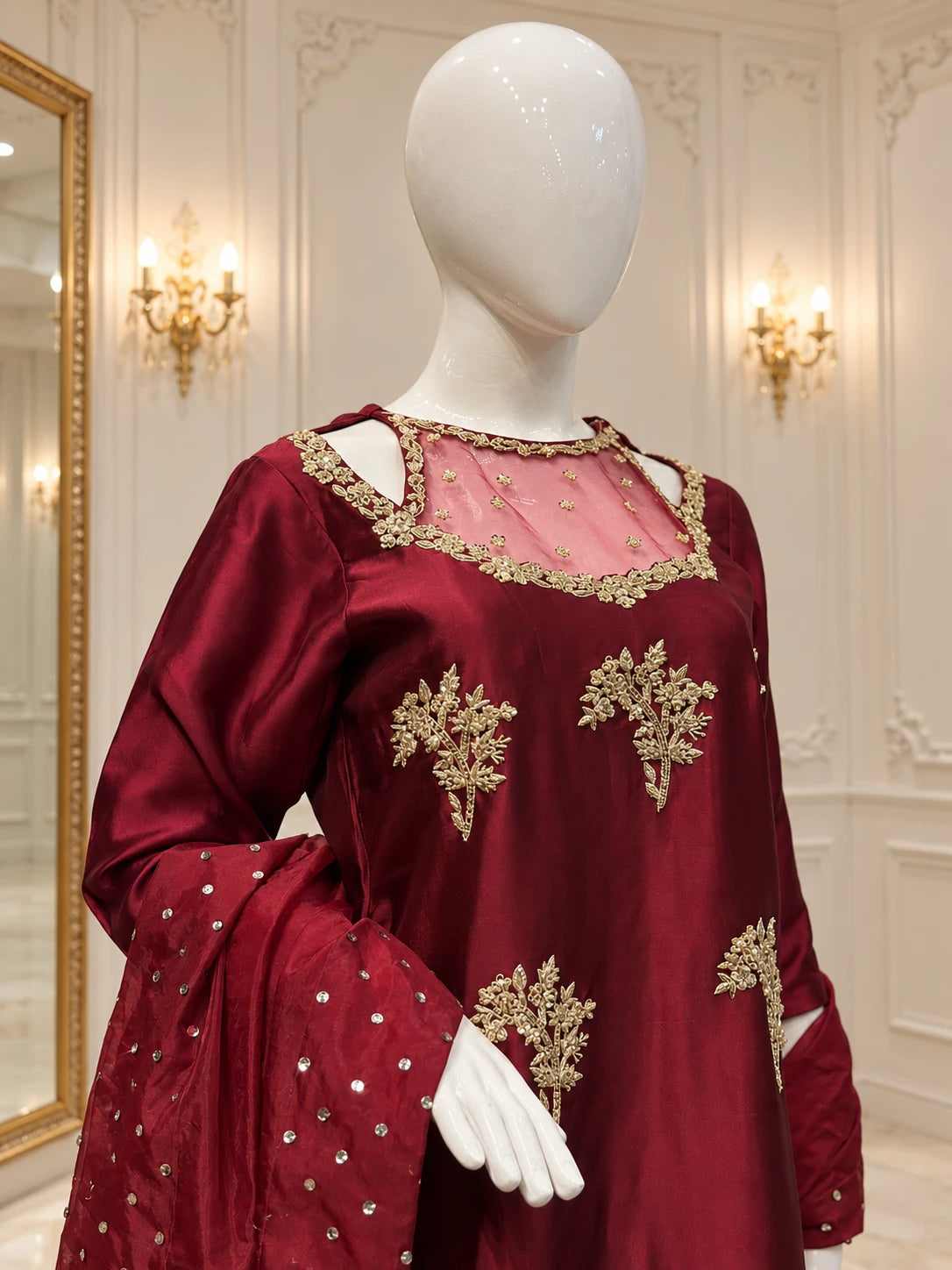 Burgundy Maroon Embroidered Formal 3-Piece Suit