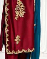 Burgundy & Teal Gold Embroidered 3-Piece (Minimum Customized Order Days 20-25)
