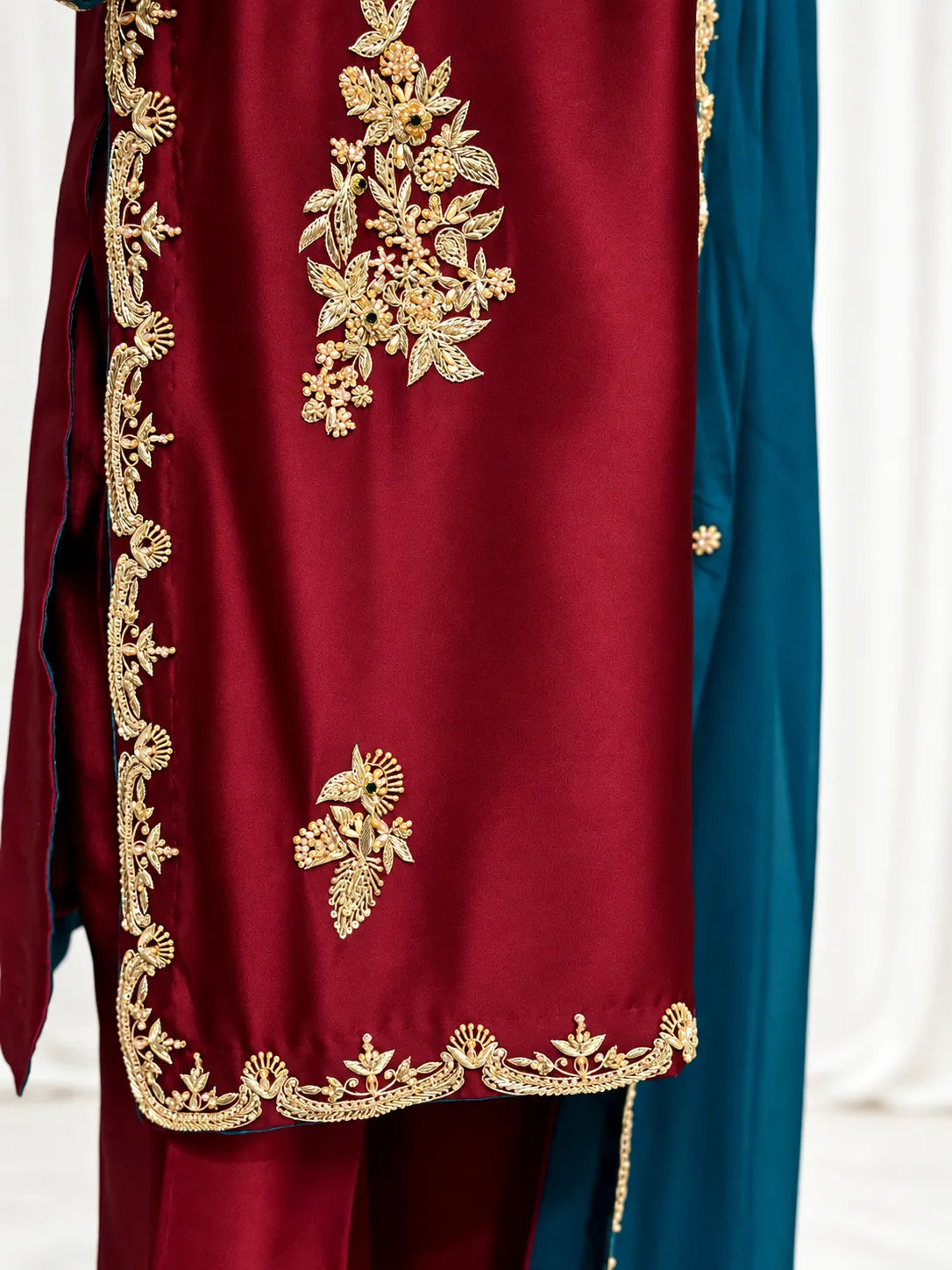 Burgundy & Teal Gold Embroidered 3-Piece (Minimum Customized Order Days 20-25)