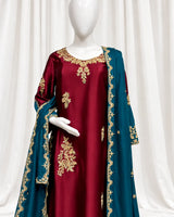 Burgundy & Teal Gold Embroidered 3-Piece (Minimum Customized Order Days 20-25)