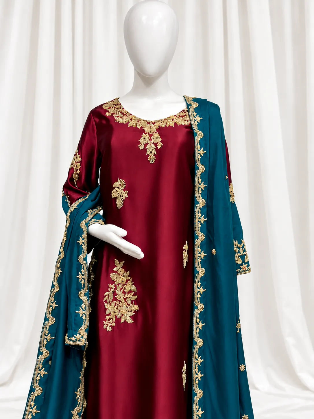 Burgundy & Teal Gold Embroidered 3-Piece (Minimum Customized Order Days 20-25)