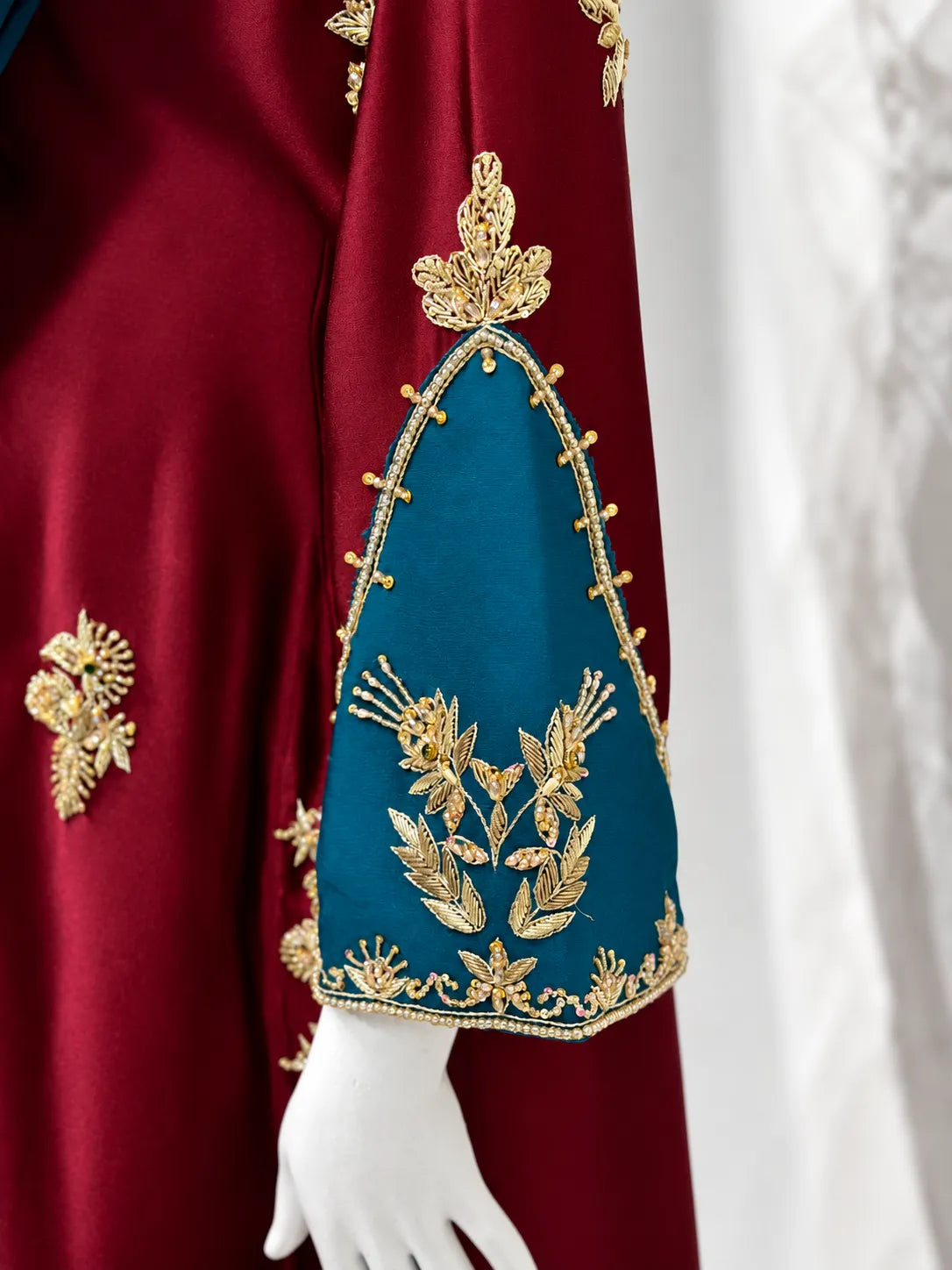 Burgundy & Teal Gold Embroidered 3-Piece (Minimum Customized Order Days 20-25)