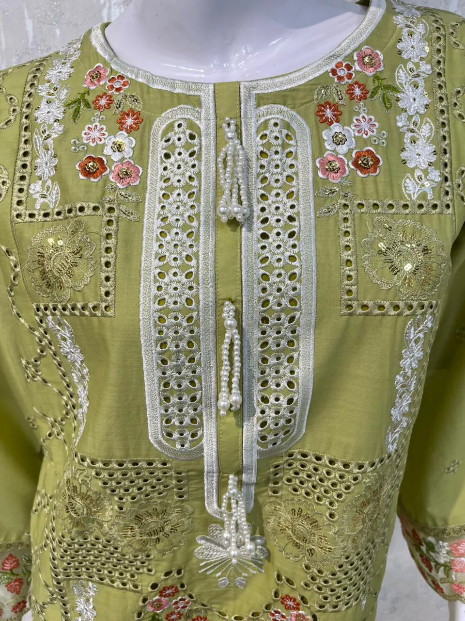 Lime Green Embroidered Chikankari 3-Piece Stitched Suit with Chiffon Dupatta