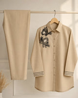 Beige Skin Cotton 2-Piece Co-Ord Set with Black Floral Shoulder Embroidery & Trousers