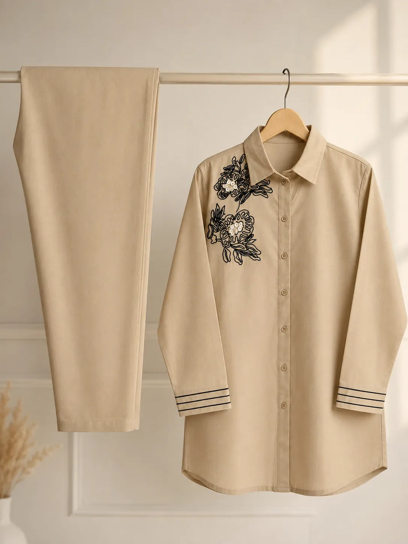 Beige Skin Cotton 2-Piece Co-Ord Set with Black Floral Shoulder Embroidery & Trousers