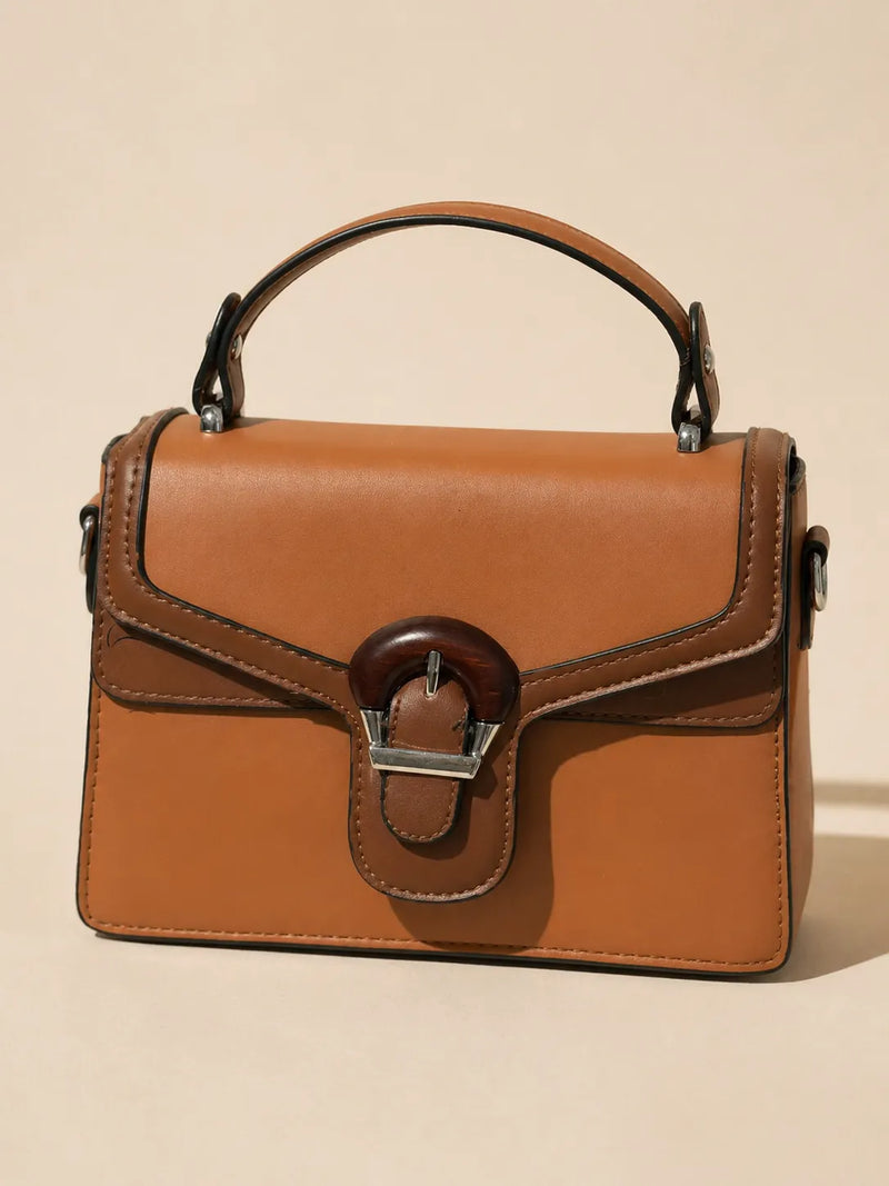 Two-Tone Light & Dark Brown Top-Handle Satchel Bag | Buckle Crossbody Purse
