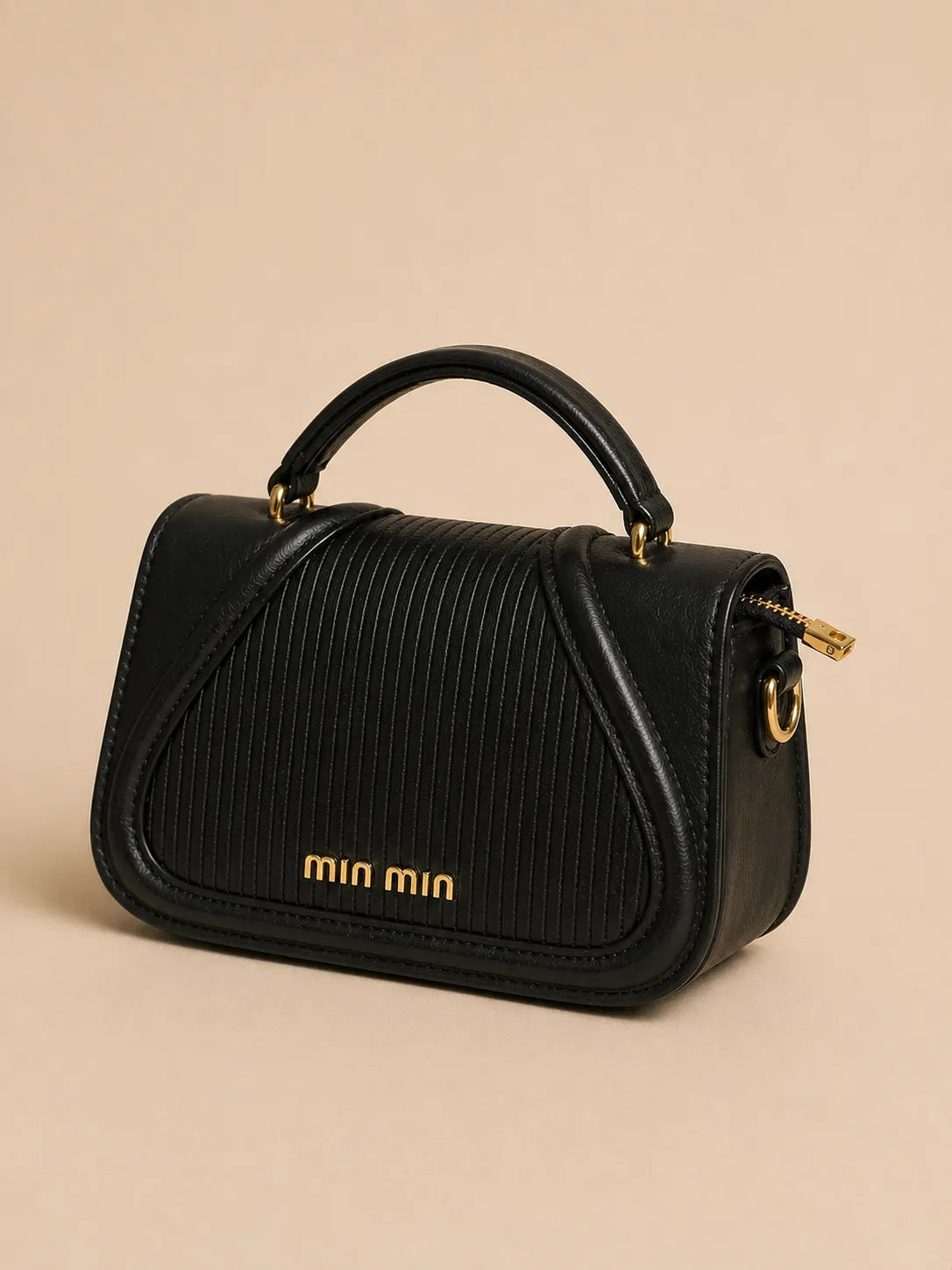 Black Ribbed Mini Handbag with Gold-Tone Hardware | Sufaab