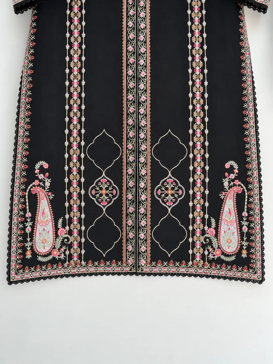 Black Embroidered Long Ambi/Paisley 3-Piece Stitched Suit with Printed Dupatta