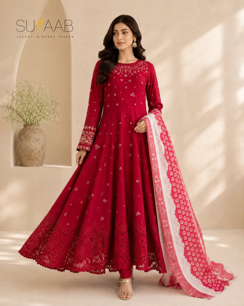 Raspberry Pink Embroidered Anarkali Suit with Printed Dupatta | Sufaab
