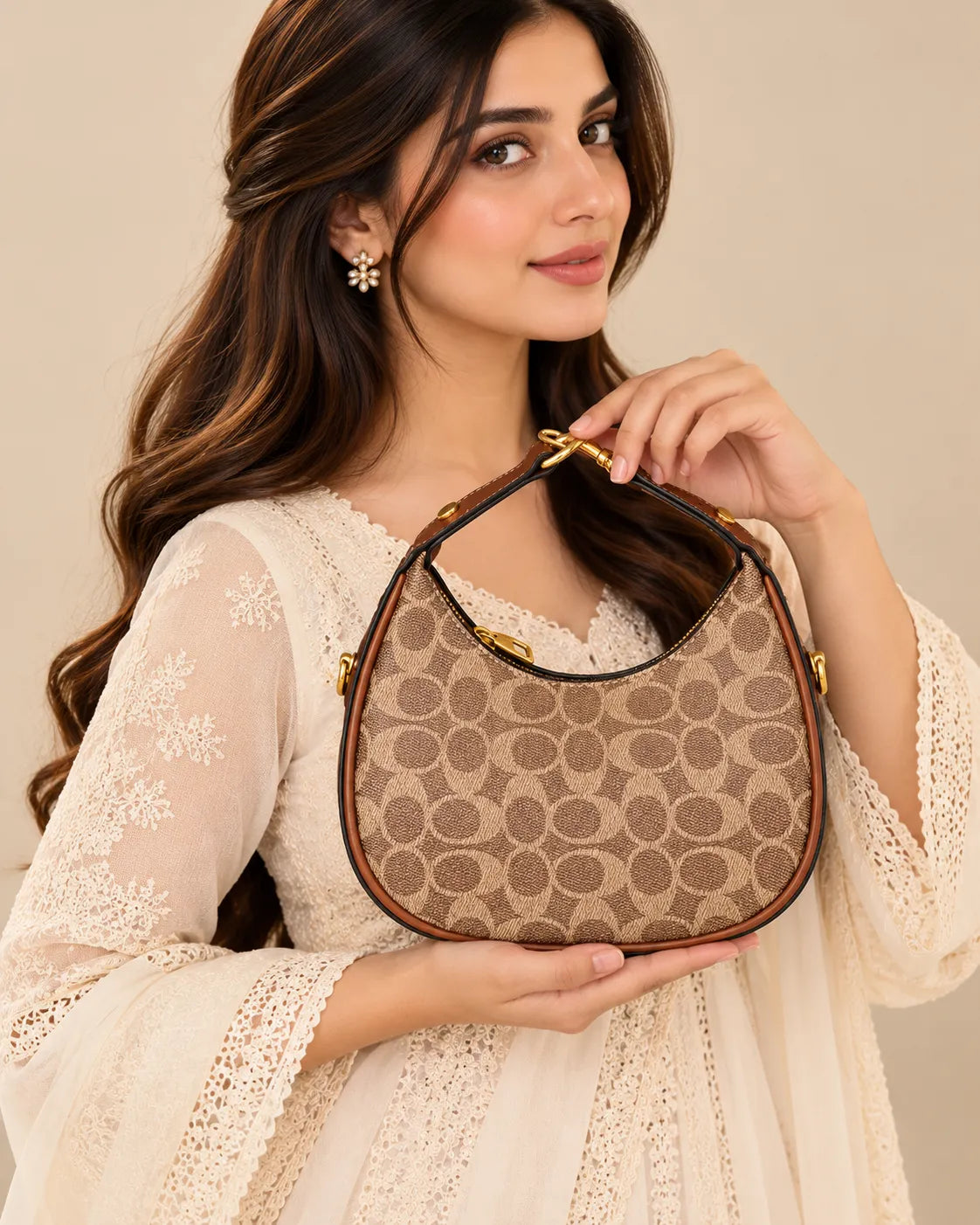 Monogram Crescent Shoulder Bag with Gold-Tone Hardware | Sufaab