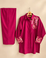 Shocking Pink Cotton 2-Piece Co-Ord Set with Embroidered Shoulder & Cuffs