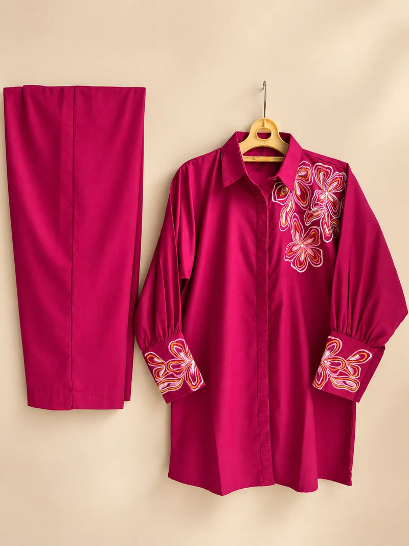 Shocking Pink Cotton 2-Piece Co-Ord Set with Embroidered Shoulder & Cuffs