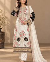 Ivory White & Black Silk Embroidered Pakistani 3-Piece Suit with Dupatta | Sufaab