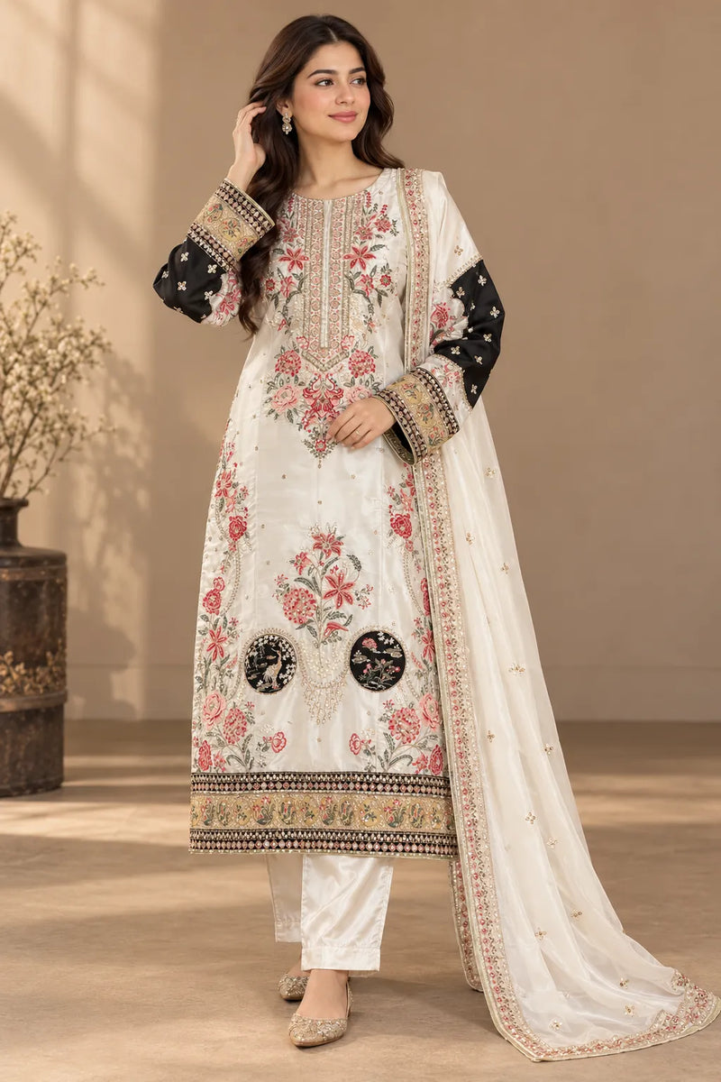 Ivory White & Black Silk Embroidered Pakistani 3-Piece Suit with Dupatta | Sufaab