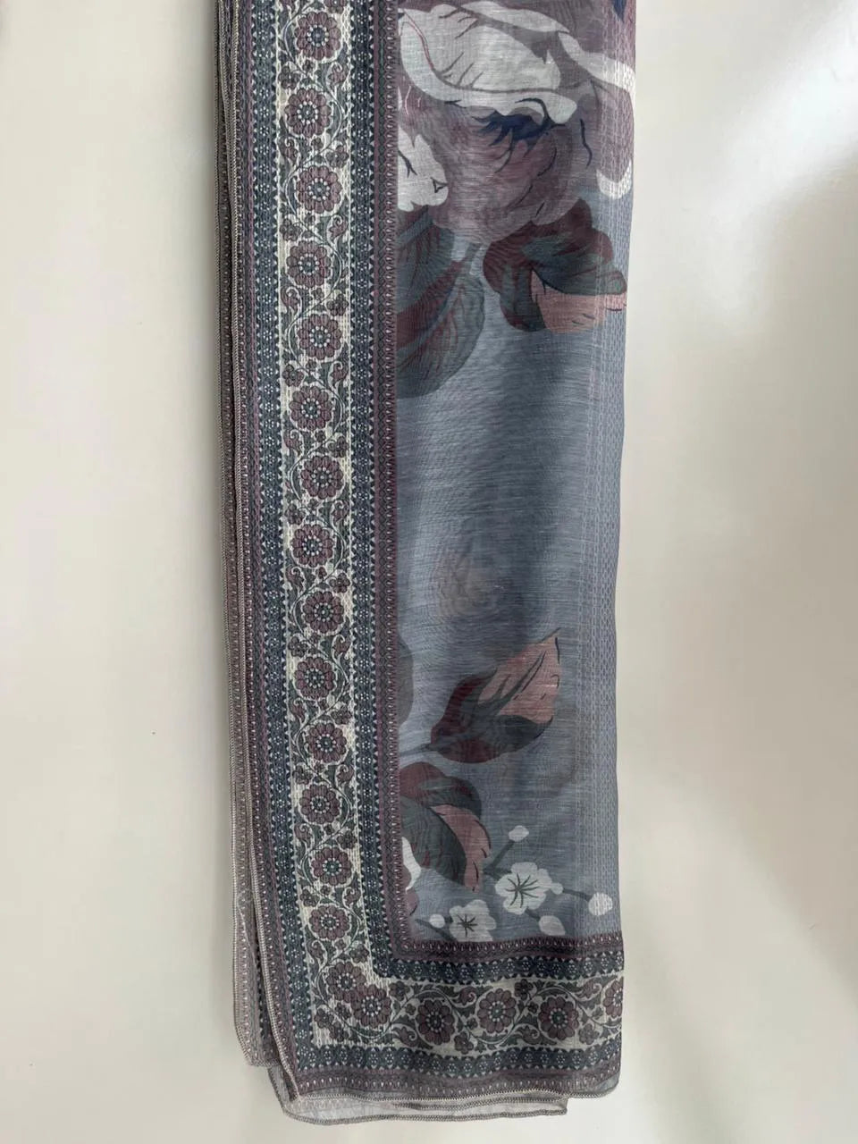 Grey Floral Printed & Embroidered 3-Piece Stitched Suit with Doriya Dupatta