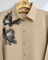 Beige Skin Cotton 2-Piece Co-Ord Set with Black Floral Shoulder Embroidery & Trousers