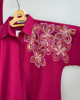Shocking Pink Cotton 2-Piece Co-Ord Set with Embroidered Shoulder & Cuffs