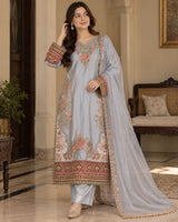 Ice Blue Embroidered 3 Piece Pakistani Suit with Maroon Cuffs & Dupatta