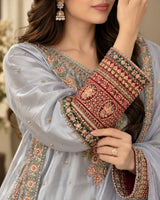 Ice Blue Embroidered 3 Piece Pakistani Suit with Maroon Cuffs & Dupatta