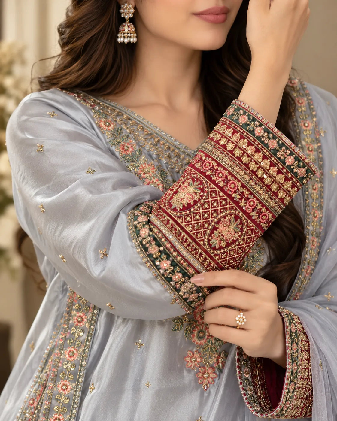 Ice Blue Embroidered 3 Piece Pakistani Suit with Maroon Cuffs & Dupatta