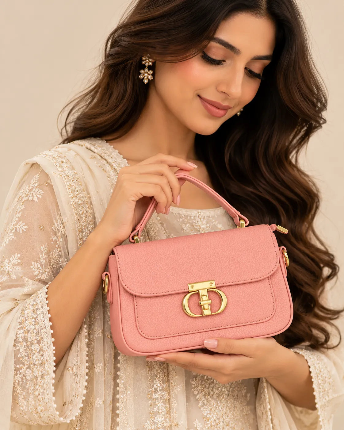 Rose Pink Textured Shoulder Bag with Gold-Tone Clasp | Sufaab