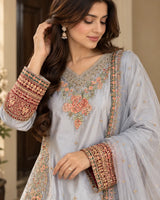 Ice Blue Embroidered 3 Piece Pakistani Suit with Maroon Cuffs & Dupatta