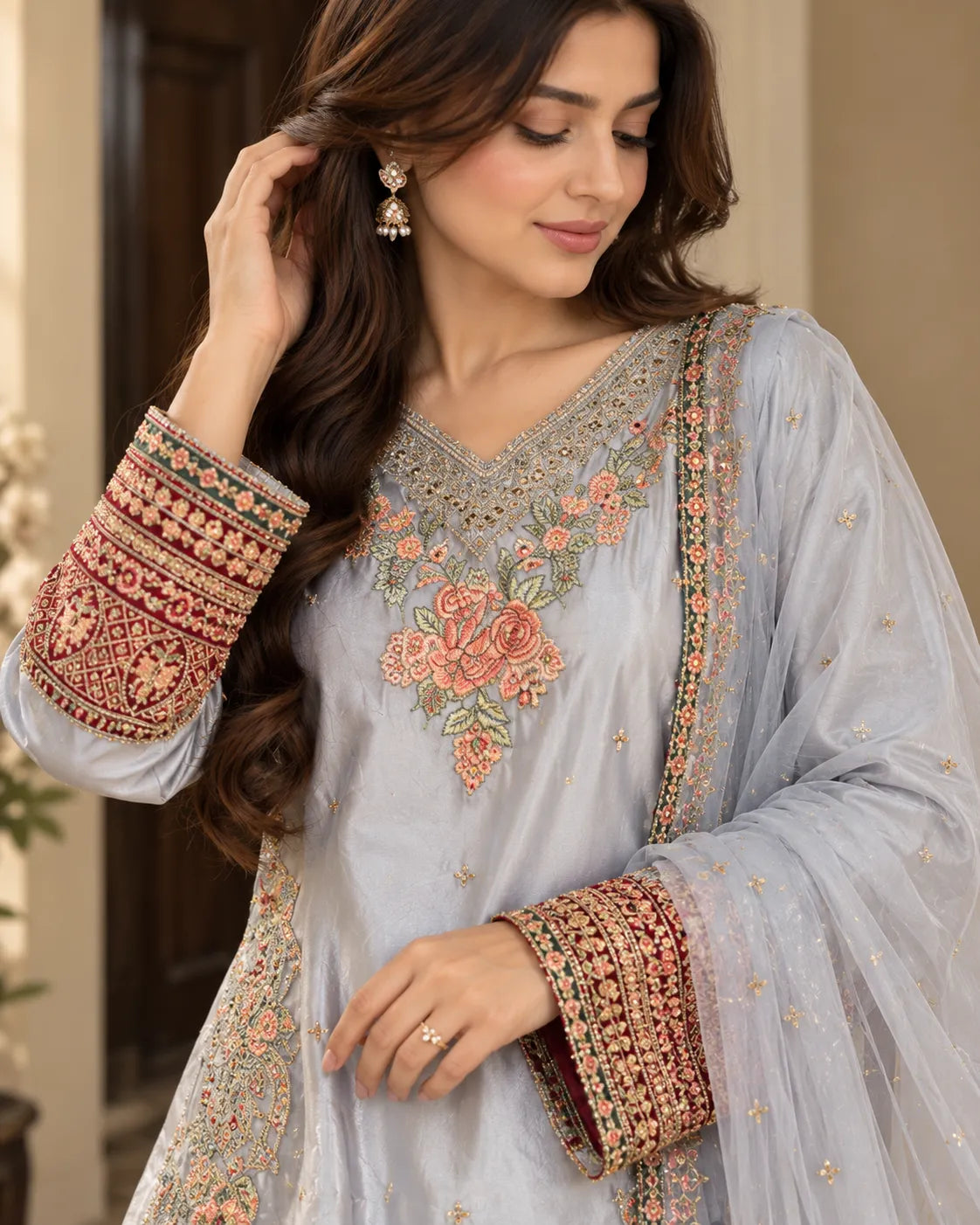Ice Blue Embroidered 3 Piece Pakistani Suit with Maroon Cuffs & Dupatta