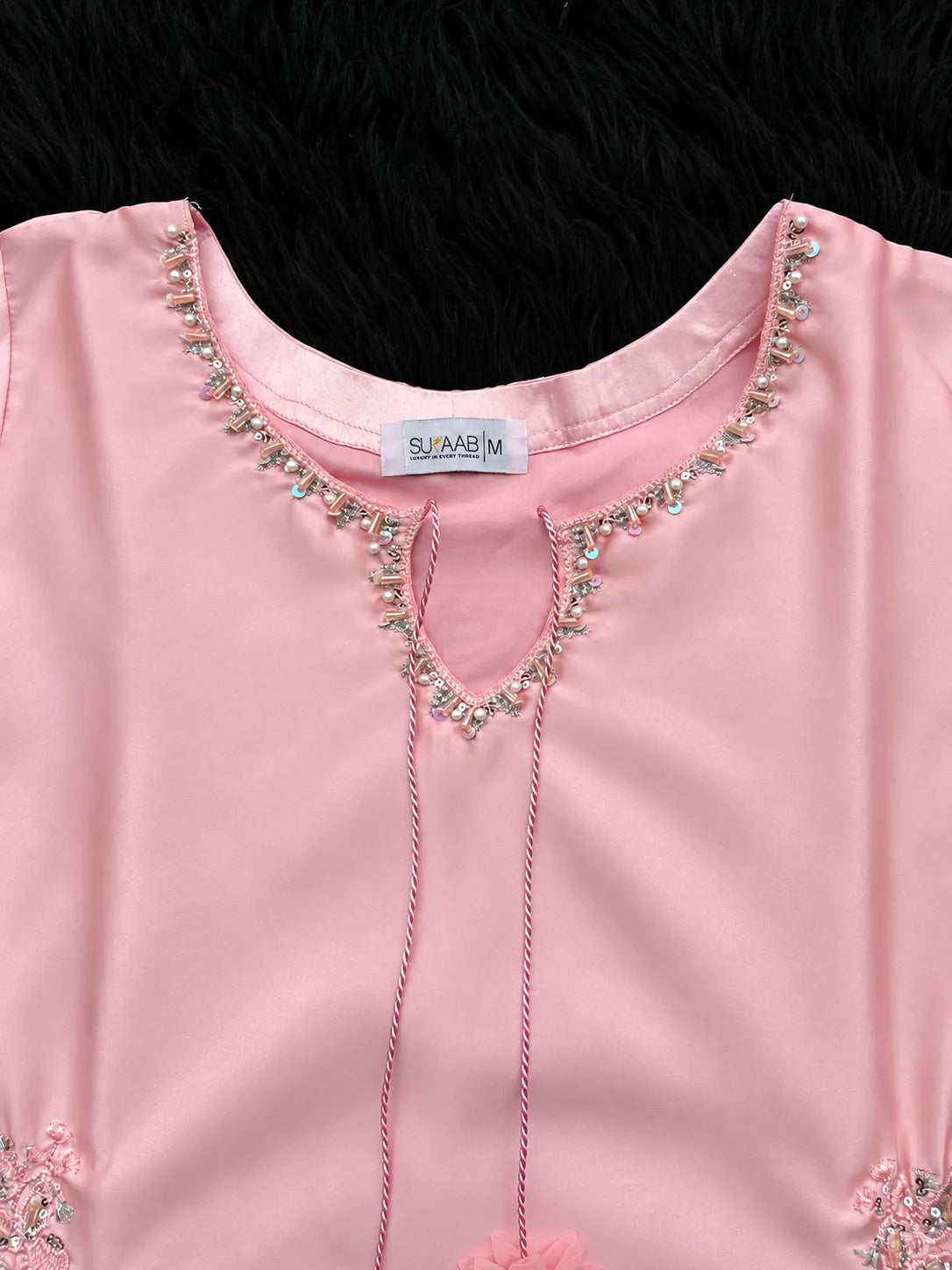 Blush Pink Embroidered 3-Piece Pakistani Suit with Floral Tassels
