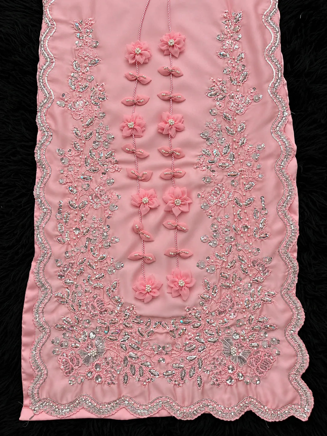 Blush Pink Embroidered 3-Piece Pakistani Suit with Floral Tassels
