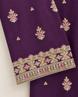 Deep Plum Purple Embroidered Rounded Kameez 3-Piece Stitched Lawn Suit with Embroidered Plazo & Doriya Dupatta
