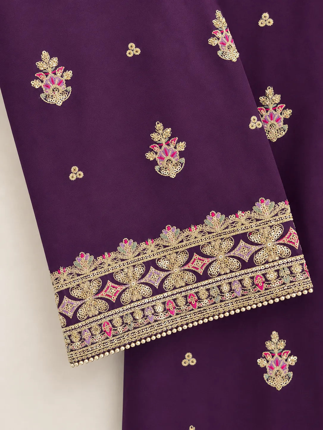 Deep Plum Purple Embroidered Rounded Kameez 3-Piece Stitched Lawn Suit with Embroidered Plazo & Doriya Dupatta
