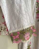 Pure White Schiffli Embroidered Lawn 3-Piece Stitched Suit with Pink Floral Cutwork & Printed Chiffon Dupatta