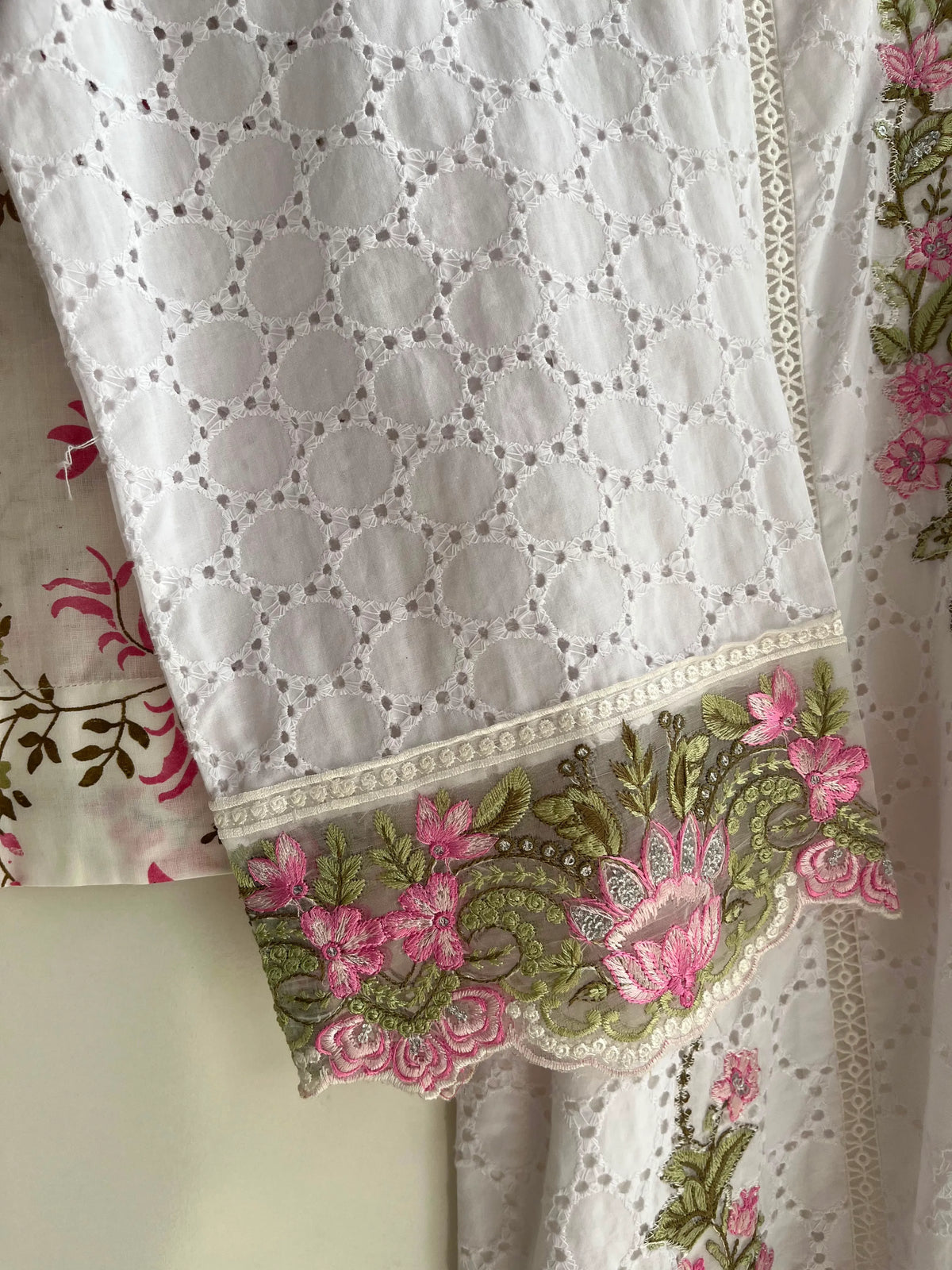 Pure White Schiffli Embroidered Lawn 3-Piece Stitched Suit with Pink Floral Cutwork & Printed Chiffon Dupatta