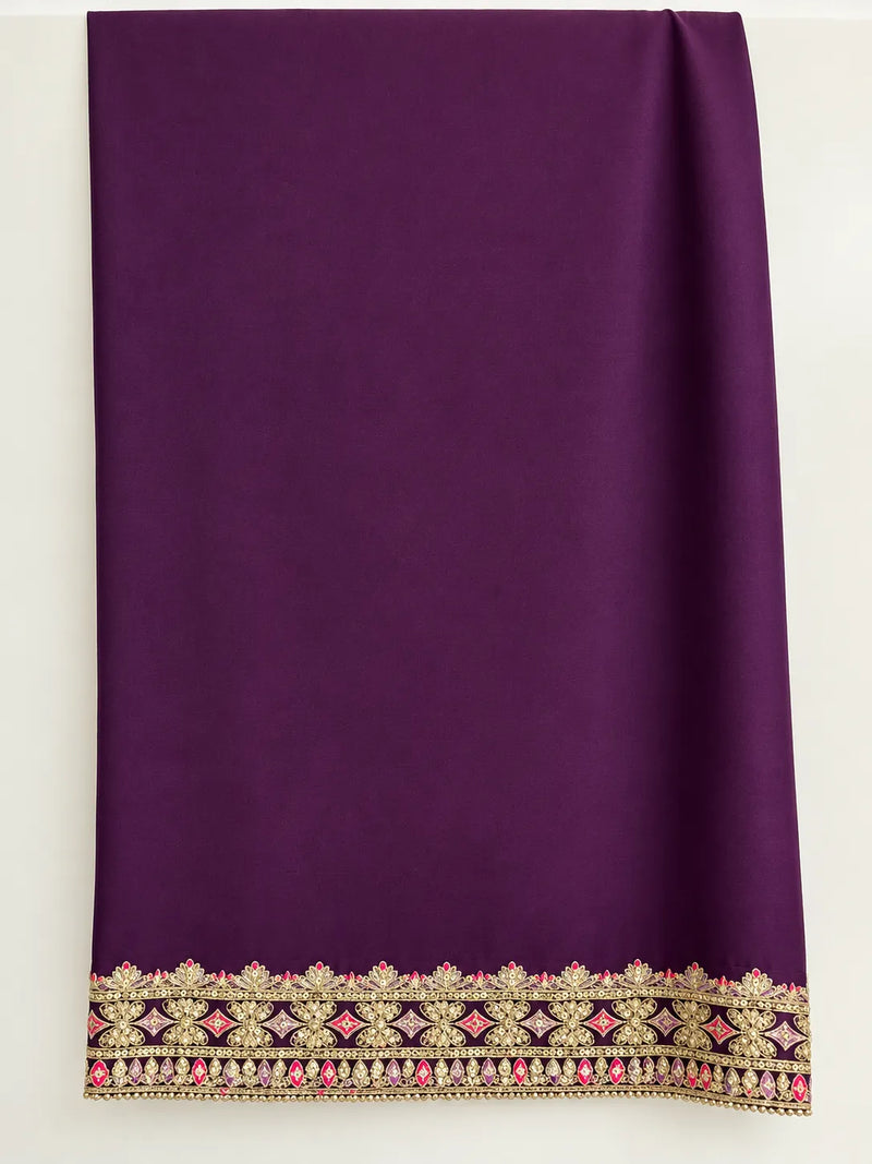 Deep Plum Purple Embroidered Rounded Kameez 3-Piece Stitched Lawn Suit with Embroidered Plazo & Doriya Dupatta