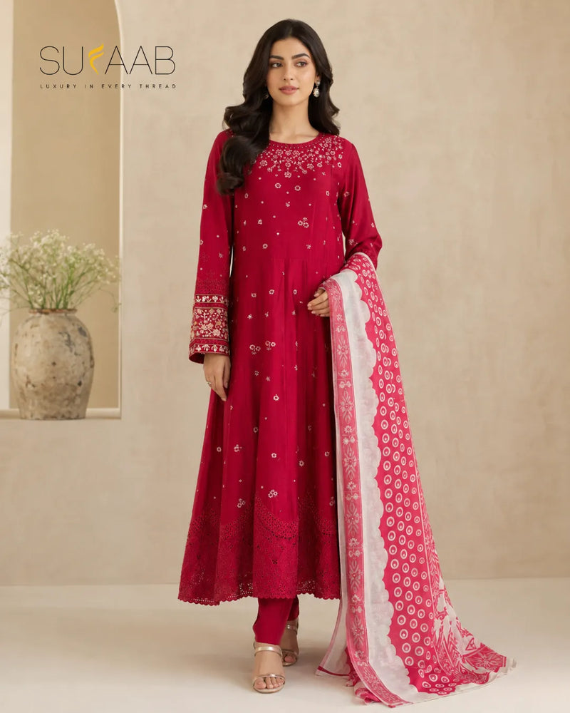 Raspberry Pink Embroidered Anarkali Suit with Printed Dupatta | Sufaab