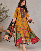 Mustard Yellow Colorful Floral Lawn Kaftan 3 Piece Suit | Embroidered Placket & Patchwork Borders
