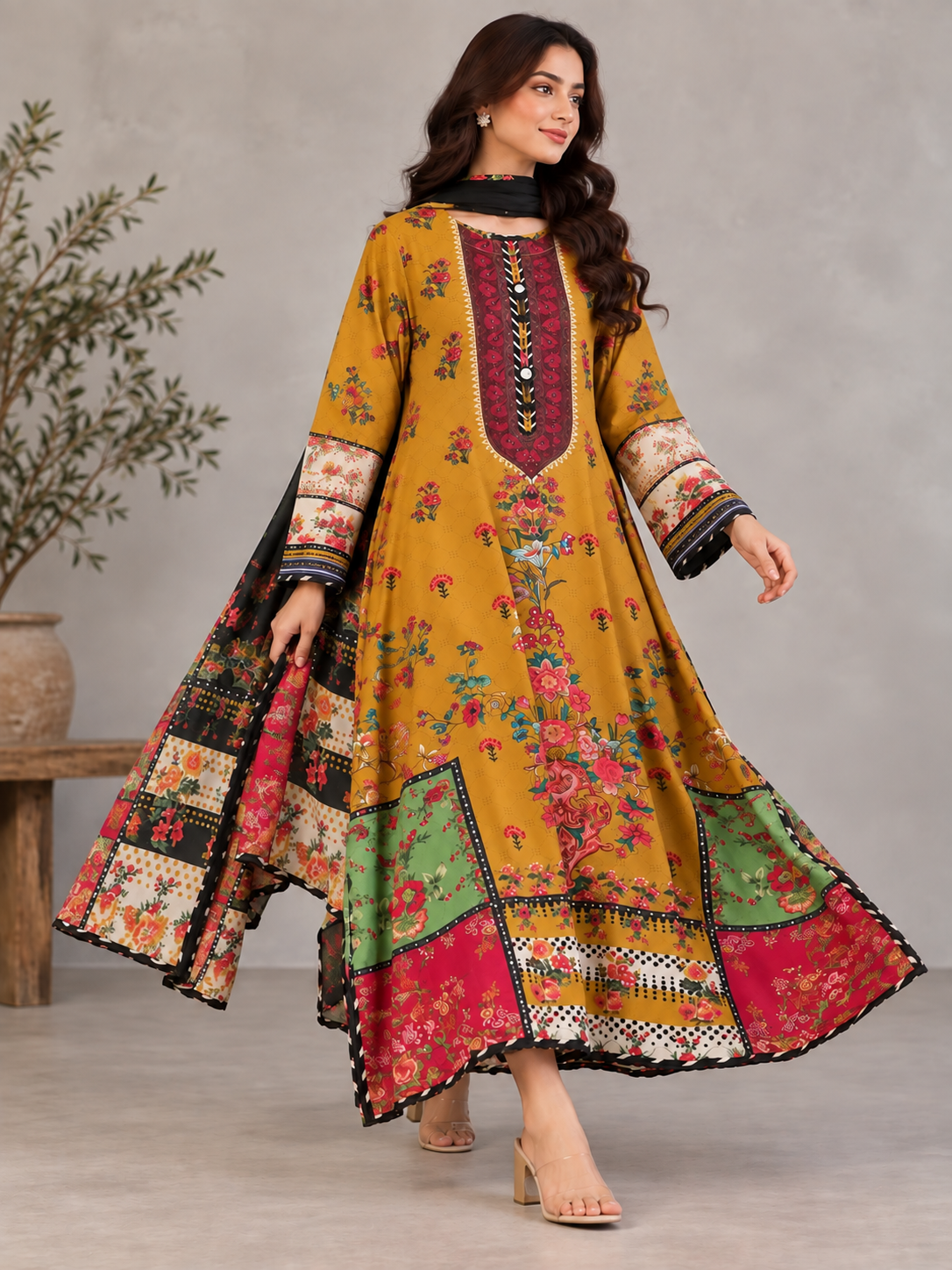 Mustard Yellow Colorful Floral Lawn Kaftan 3 Piece Suit | Embroidered Placket & Patchwork Borders