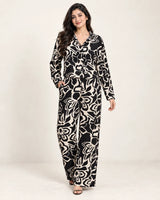 Women's Black & Cream Abstract Floral Printed Cropped Co-Ord Set with Wide-Leg Trousers
