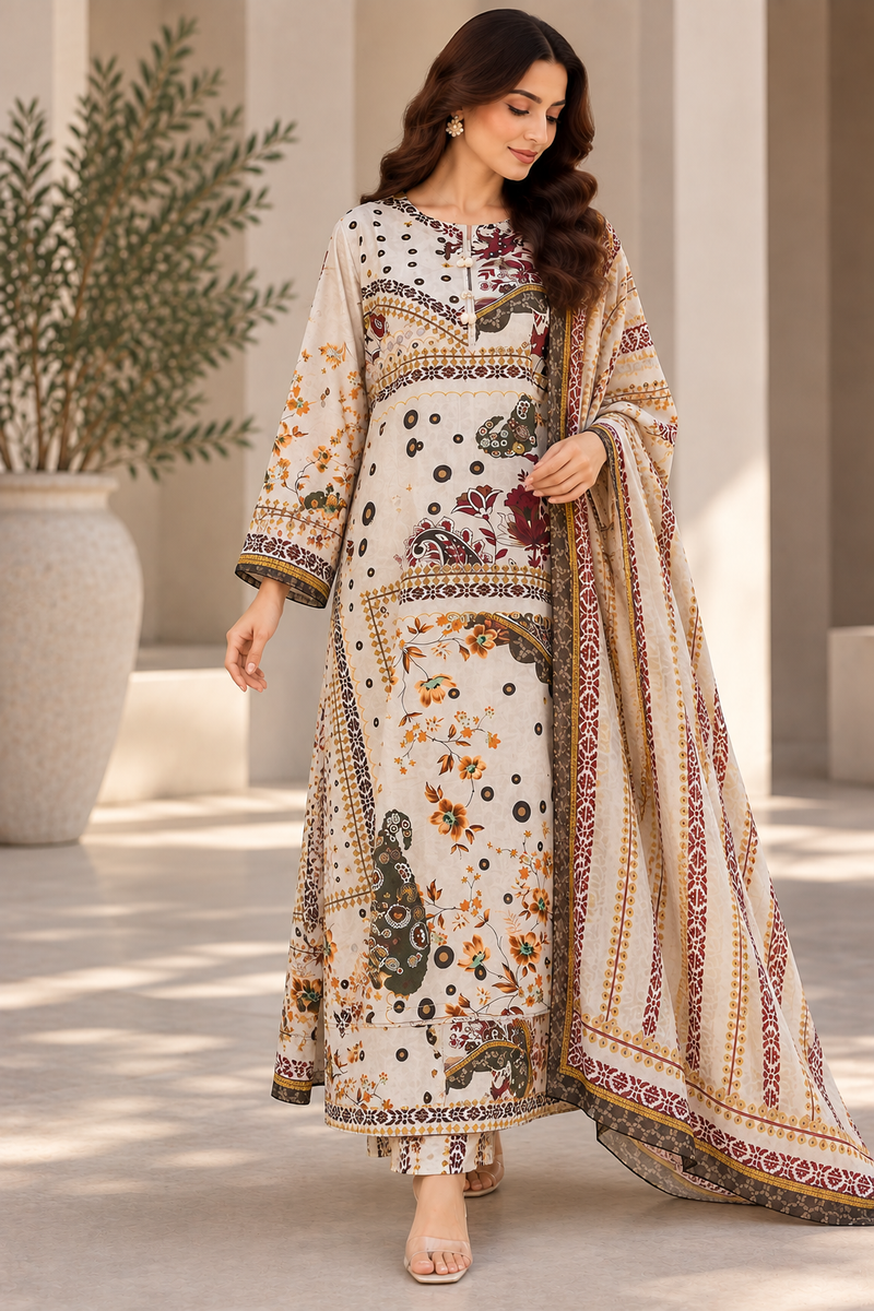 Skin Patterned Lawn Kaftan 3 Piece Suit | Pearl Tassel Neckline & Paisley Borders
