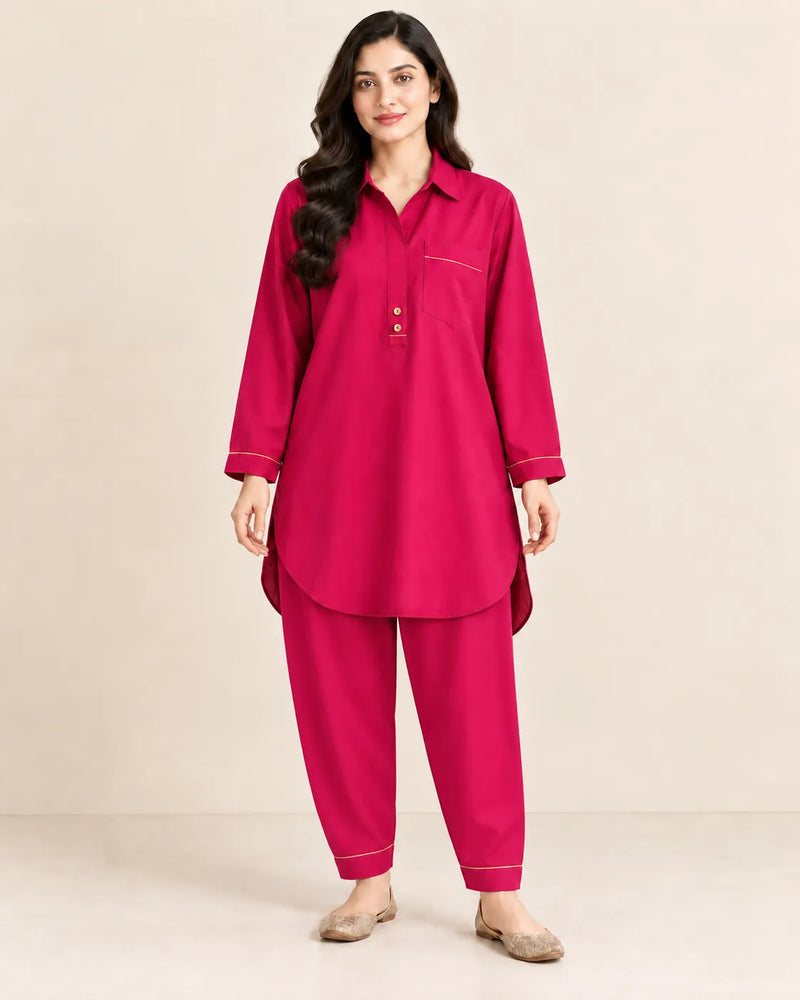 Fuchsia Pink Cotton 2-Piece Co-Ord Set with Collar Tunic & Matching Trousers