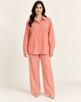 Peach Pink Crinkle Georgette 2-Piece Co-Ord Set with Embroidered Star Accents & Wide-Leg Trousers