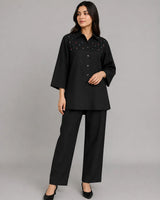Black Cotton 2-Piece Co-Ord Set with Colorful French Knot Yoke Details & Wide-Leg Trousers