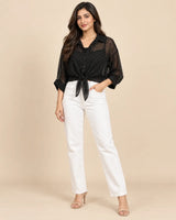 Women's Black Pearl Motif Georgette Tie-Front Shirt with Inner Black Camisole