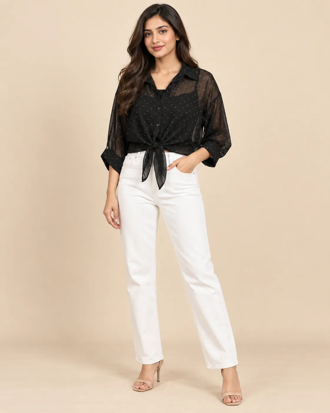 Women's Black Pearl Motif Georgette Tie-Front Shirt with Inner Black Camisole
