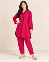 Fuchsia Pink Cotton 2-Piece Co-Ord Set with Collar Tunic & Matching Trousers