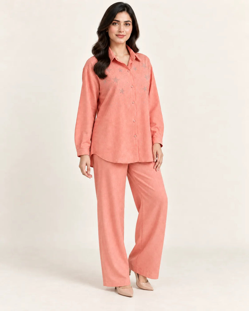 Peach Pink Crinkle Georgette 2-Piece Co-Ord Set with Embroidered Star Accents & Wide-Leg Trousers