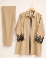 Beige Skin Soft Cotton 2-Piece Co-Ord Set with Black Embroidered Placket & Cutwork Lace Cuffs