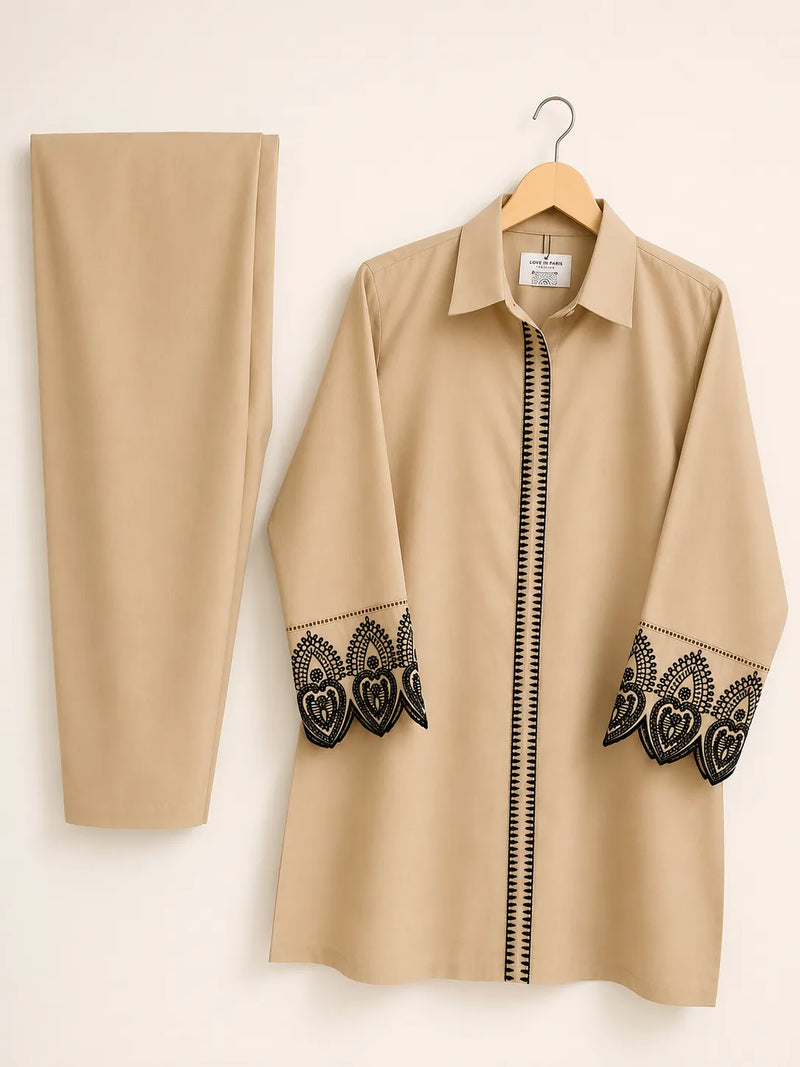 Beige Skin Soft Cotton 2-Piece Co-Ord Set with Black Embroidered Placket & Cutwork Lace Cuffs