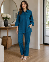 Zinc Blue Cotton 2-Piece Co-Ord Set with Loop Lace Trims & Straight Trousers